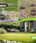 Before and after lawn leveling with Beefy Heavy Duty Lawn Leveling Rake emphasizing soil, compost, sand, and peat moss use.
