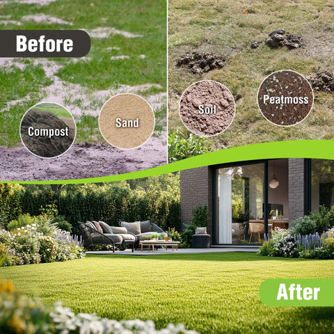 Before and after lawn leveling with Beefy Heavy Duty Lawn Leveling Rake emphasizing soil, compost, sand, and peat moss use.