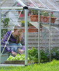 Person gardening inside Walk-In 8x12 Greenhouse Kit With Aluminum Frame and Crystal Clear Polycarbonate Panels in backyard.