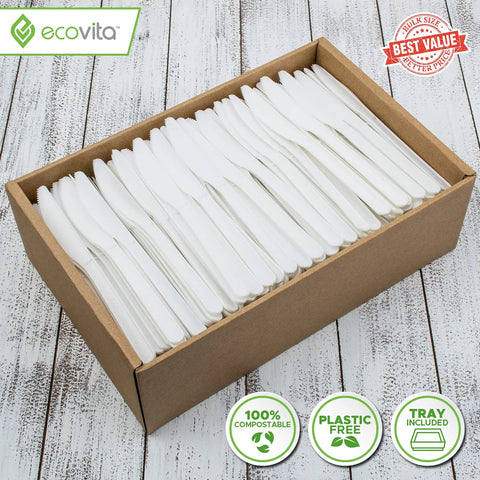 Compostable Knives Set 7 Inch Large Disposable Utensils Bulk Pack of 500 Eco Friendly Durable Heat Resistant Alternative to Plastic with Convenient Tray Ivory White Perfect for Parties Catering Events Picnics
