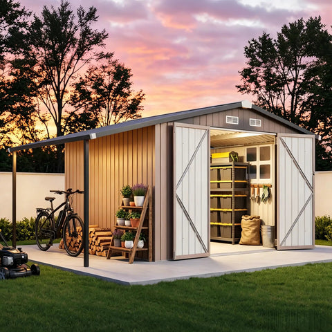 8x12 Ft Outdoor Metal Shed Built Tough For Everyday Yard Gear With Open Firewood Bay And Lockable Doors, side view at sunset