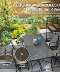 Top view of heavy duty patio umbrella base holder in garden setting with adjustable knobs and pole dimensions.