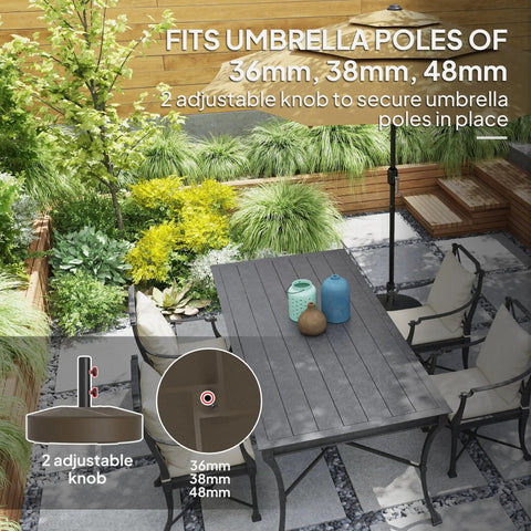Top view of heavy duty patio umbrella base holder in garden setting with adjustable knobs and pole dimensions.