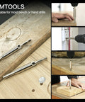 Pro Grade Self Centering Drill Bit Set 17 Pieces With One Quarter Inch Hex Shank in use on wood, metal, and door hinge.