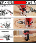 Powerful 6.5 Amp Compact Wood Router Tool For Woodworking With 6 Variable Speeds and 15 Piece Tungsten Carbide Bits using precision guides.