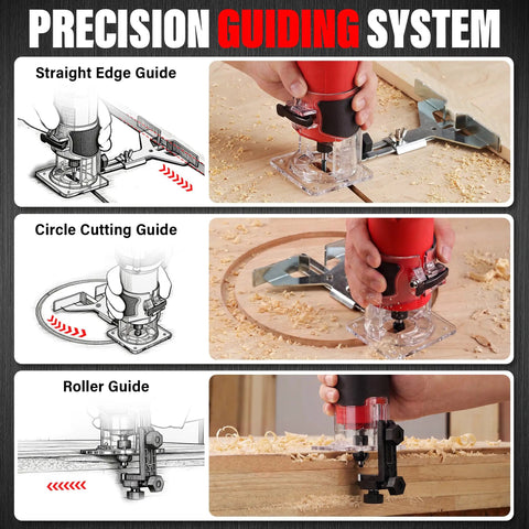 Powerful 6.5 Amp Compact Wood Router Tool For Woodworking With 6 Variable Speeds and 15 Piece Tungsten Carbide Bits using precision guides.