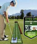 Man practicing on 9.8Ft Putting Green Mat With Automatic Ball Return Track And Mirror For Indoor Home Golf Practice setup outdoors