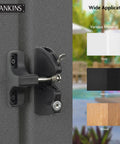 Close-up of Heavy Duty Key Lockable Double Sided Gate Latch for Outdoor Fences, suitable for vinyl, wood, and metal.