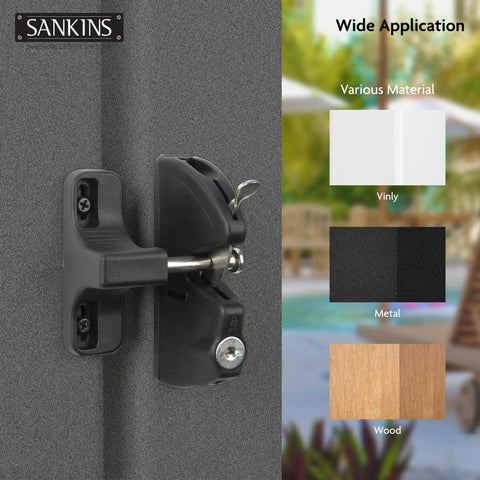 Close-up of Heavy Duty Key Lockable Double Sided Gate Latch for Outdoor Fences, suitable for vinyl, wood, and metal.