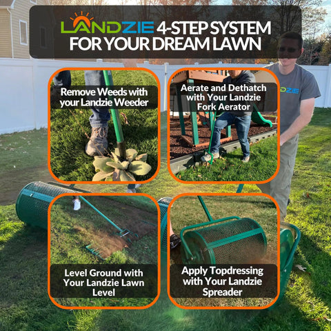 Landzie 4-step lawn care system with tools for weeding, aerating, leveling, and topdressing in a backyard setting.