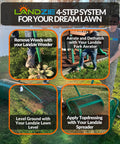 4-step lawn care system including weeder, fork aerator, lawn level, and spreader for maintaining a healthy lawn.