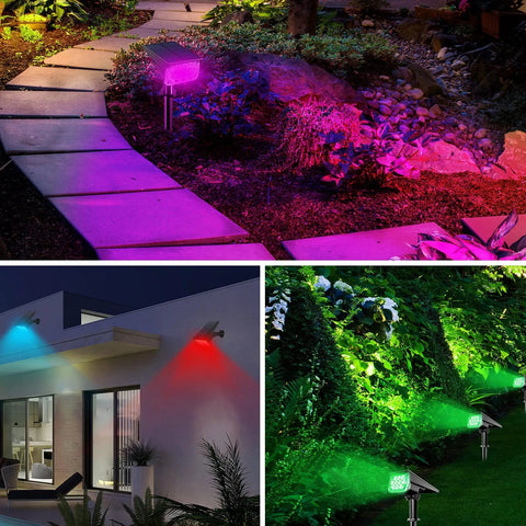 Outdoor Solar RGB Spotlight 4 Pack Color Changing LED Landscape Lights IP65 Waterproof With Auto On Off 10 LEDs Each 120 Degree Beam