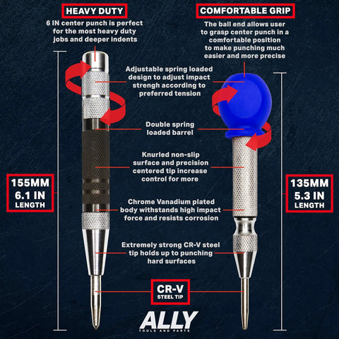 Straight Up Badass Heavy Duty Automatic Center Punch Kit With Six And Five Inch Options Featuring Adjustable Spring Tension For Marking Metal Wood Glass And Plastic Plus Chrome Body details showing 6 inch and 5 inch center punches with chrome bodies.