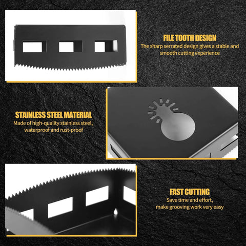 Two stainless steel square slot cutter blades for drywall outlets; fits Dewalt 20V and Milwaukee M18.