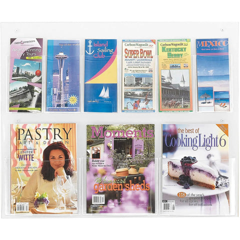 Clear2c Literature Rack Display With 3 Magazine Pockets And 6 Pamphlet Slots showing magazines and brochures