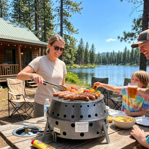 Family enjoying a picnic by the lake with the 2nd Gen Collapsible Grill And Stove Portable Camping Cooker For Charcoal Or Wood.