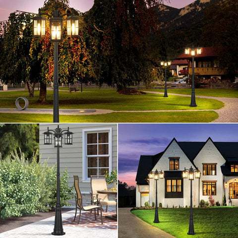 Triple-Head Outdoor Lamp Post Light 78 Inch Weatherproof Exterior Street Light with Clear Glass Shades in garden and yard settings