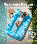 Woman relaxing on Inflatable Tanning Pool Lounger Float 70 Inch By 46 Inch With Pillow Perfect For Adults 4 In 1 Suntan Tub Raft