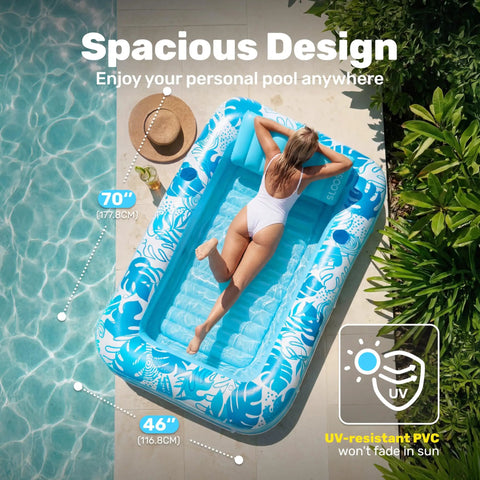 Woman relaxing on Inflatable Tanning Pool Lounger Float 70 Inch By 46 Inch With Pillow Perfect For Adults 4 In 1 Suntan Tub Raft