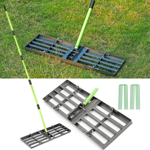 Lawn Leveling Rake 30x10 Stainless Steel With 78 Inch Adjustable Handle, Green Positioning Stakes, displayed on grass.