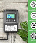 Get Your Outdoor Space Lit Up Right With This Killer 100W Low Voltage Lighting Transformer That Steps Down 100-240V AC To Safe 12V DC Output Perfect For All Your Landscape Lights And Comes Loaded With An Astronomic Timer Plus Five Versatile Modes For, shown with digital display and green leaf on wooden background.