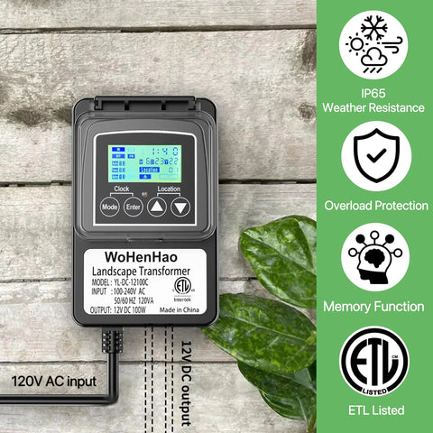 Get Your Outdoor Space Lit Up Right With This Killer 100W Low Voltage Lighting Transformer That Steps Down 100-240V AC To Safe 12V DC Output Perfect For All Your Landscape Lights And Comes Loaded With An Astronomic Timer Plus Five Versatile Modes For, shown with digital display and green leaf on wooden background.