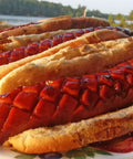 Crosshatch Hot Dog Slicer Tool With Stainless Steel Blades 10 Inch Red Cutter used on grilled hot dogs with diamond patterns