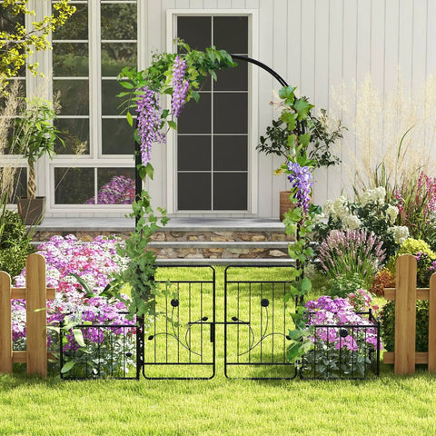 3 In 1 Garden Arch With Lockable Gate And Side Planters, 86 Inch Metal Arbor Trellis For Climbing Plants in a garden setting, Black.