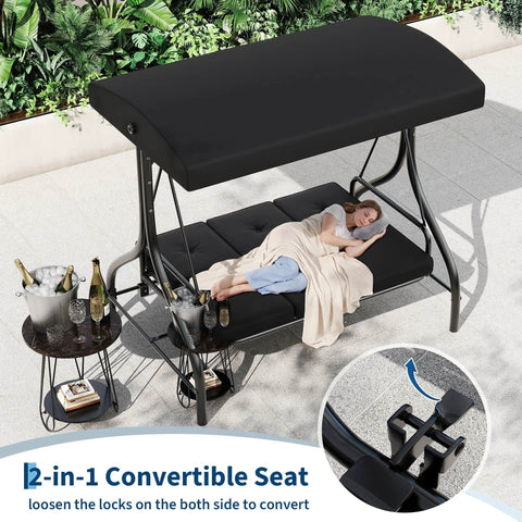 Three Seat Outdoor Patio Swing With Adjustable Canopy And Backrest Cozy Cushioned Porch Swing For Backyard Garden And Poolside Hangouts Heavy Duty 750 Lbs Capacity Black