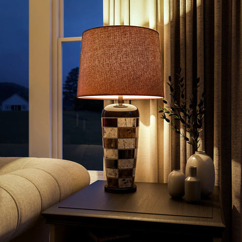 Torino Table Lamp with Ceramic Multicolor Squares Finish, Earth Tone Checkerboard Pattern, Brown Tapered Drum Shade, 30 Inch Height