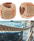 Natural Jute Manila Rope 4 Strand Twisted Hemp Fiber coiled and used on icy outdoor fence, heavy duty, 1.25 inch by 98 feet.