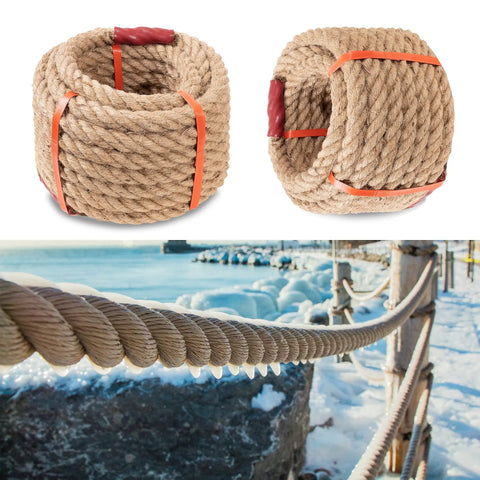 Natural Jute Manila Rope 4 Strand Twisted Hemp Fiber coiled and used on icy outdoor fence, heavy duty, 1.25 inch by 98 feet.