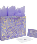 13 Inch Large Rose Purple Gift Bag Set With Greeting Card And Tissue Paper, Gold Foil Accents And Dope Floral Design, includes 1 bag, 3 tissue sheets, 1 card, and envelope