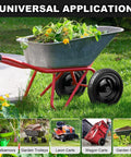 Wheelbarrow with Flat Free Wheelbarrow Tire 14.5 Inch No Flat, filled with green plants, on grass in a garden setting.