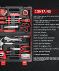 Open red-black toolbox showing 32 Piece Home Repair Tool Set For DIY Projects And Everyday Fixes includes wrenches, screwdrivers, pliers, hammer.
