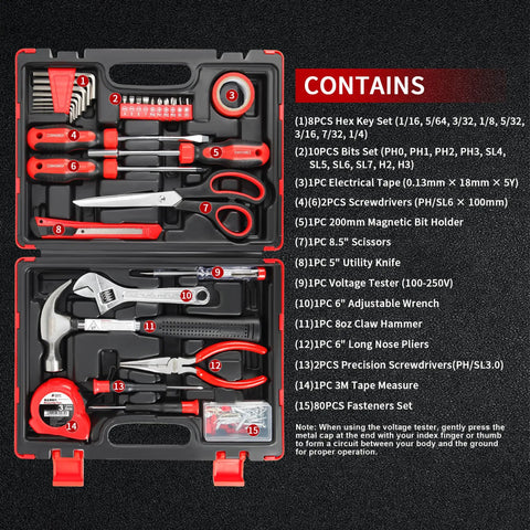 Open red-black toolbox showing 32 Piece Home Repair Tool Set For DIY Projects And Everyday Fixes includes wrenches, screwdrivers, pliers, hammer.