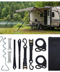 Heavy Duty RV Awning Tie Down Kit with windproof design, showing spiral stakes, springs, 13ft ratchet straps, secured to RV