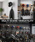 Six Pack Motorcycle Helmet Rack Wall Mount With 180 Degree Rotation And Dual Hooks holding helmets and jackets in garage