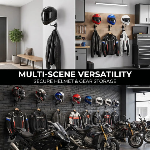 Six Pack Motorcycle Helmet Rack Wall Mount With 180 Degree Rotation And Dual Hooks holding helmets and jackets in garage