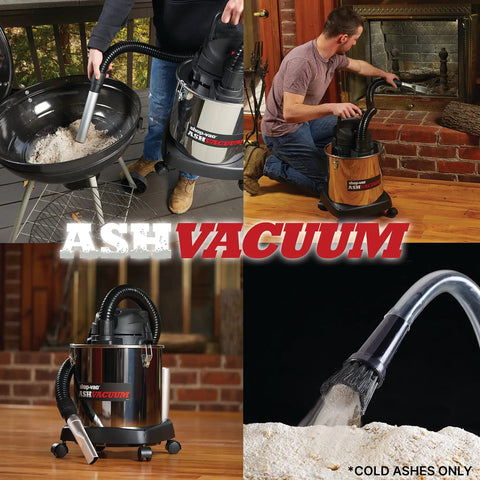 Heavy Duty Beast 5 Gallon Ash Dry Vacuum with Stainless Steel Tank shown in use cleaning fireplaces and BBQ grills