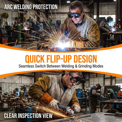 Premium Heavy Duty Industrial Double Lens Welding Goggles Featuring Top Shelf Anti Glare Optics and Snug Adaptive Face Seal for All Day Hardcore Arc Safety Work worn by a welder.
