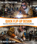 Heavy Duty Black Welding Safety Glasses With Dual Layer Lens To Block Bright Arc Light And Keep Eyes Comfortable For All Day Shop Grind Built Like Iron For Tough Fabrication Jobs And Solid Impact Protection worn by a man welding with sparks flying.