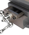 Close-up of Heavy Duty Cross Slide Drill Press Vise With Extra Tall Jaws Sliding Clamp Handle and Precision Castings, showing handle and measurement dial.