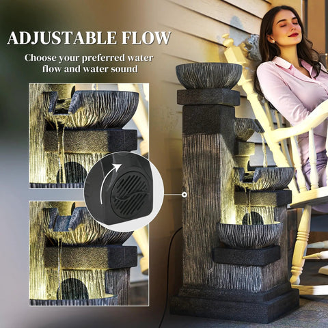 Four Tier Outdoor Water Fountain With LED Lights, 33.5 Inch Tall Resin Cascading Bowls Waterfall For Garden Patio Backyard