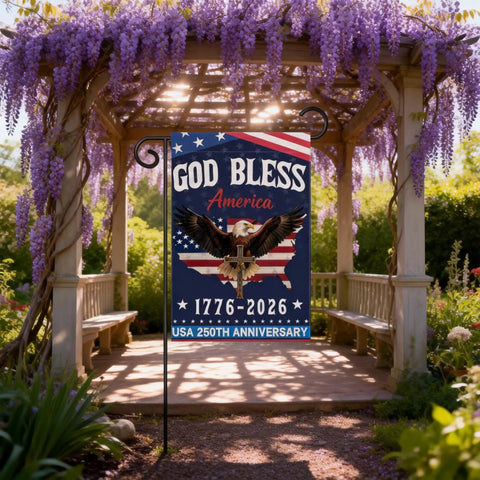 USA 250th Anniversary Garden Flag Yard Sign Double Sided Waterproof 12x18 Inch Outdoor Patriotic Banner in garden with gazebo