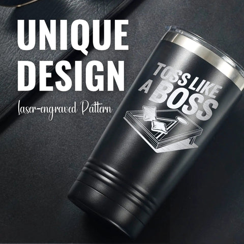 Cornhole Travel Tumbler 20 Oz Stainless Steel Cup For Men Birthday Gift with unique laser-engraved design, perfect for outdoor use.