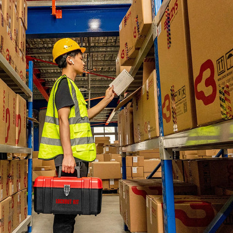 Worker holding a Grab And Go Lockout Tagout Kit With 39 Pack OSHA Compliant Locks And Red Double Decker Toolbox in a warehouse.