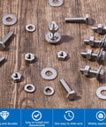 Therwen stainless steel 1/4-20 hex bolts with nuts and flat washers, assorted hardware on wood surface