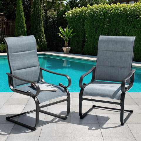 Set Of Two Padded Textilene Patio Dining Chairs With C Spring Rocker Action And Curved Armrests Rock Solid Powder Coated Metal Frame near pool.