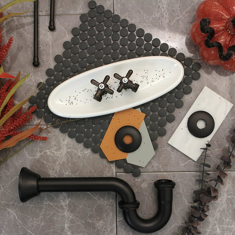 Traditional Sink Trim Kit With P Trap In Oil Rubbed Bronze, Solid Brass Plumbing Set For Bathrooms displayed on tile